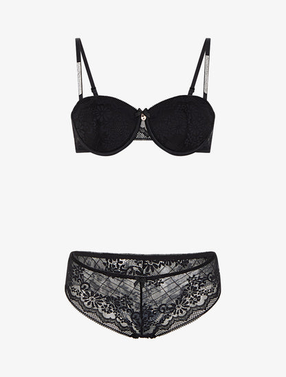 Ensemble soutien-gorge et culotte ajouré à bretelles strassées - Noir - 1