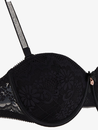 Ensemble soutien-gorge et culotte ajouré à bretelles strassées - Noir - 3