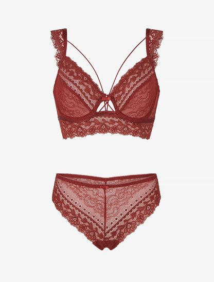 Ensemble lingerie en dentelle à liens - Terracotta - 1